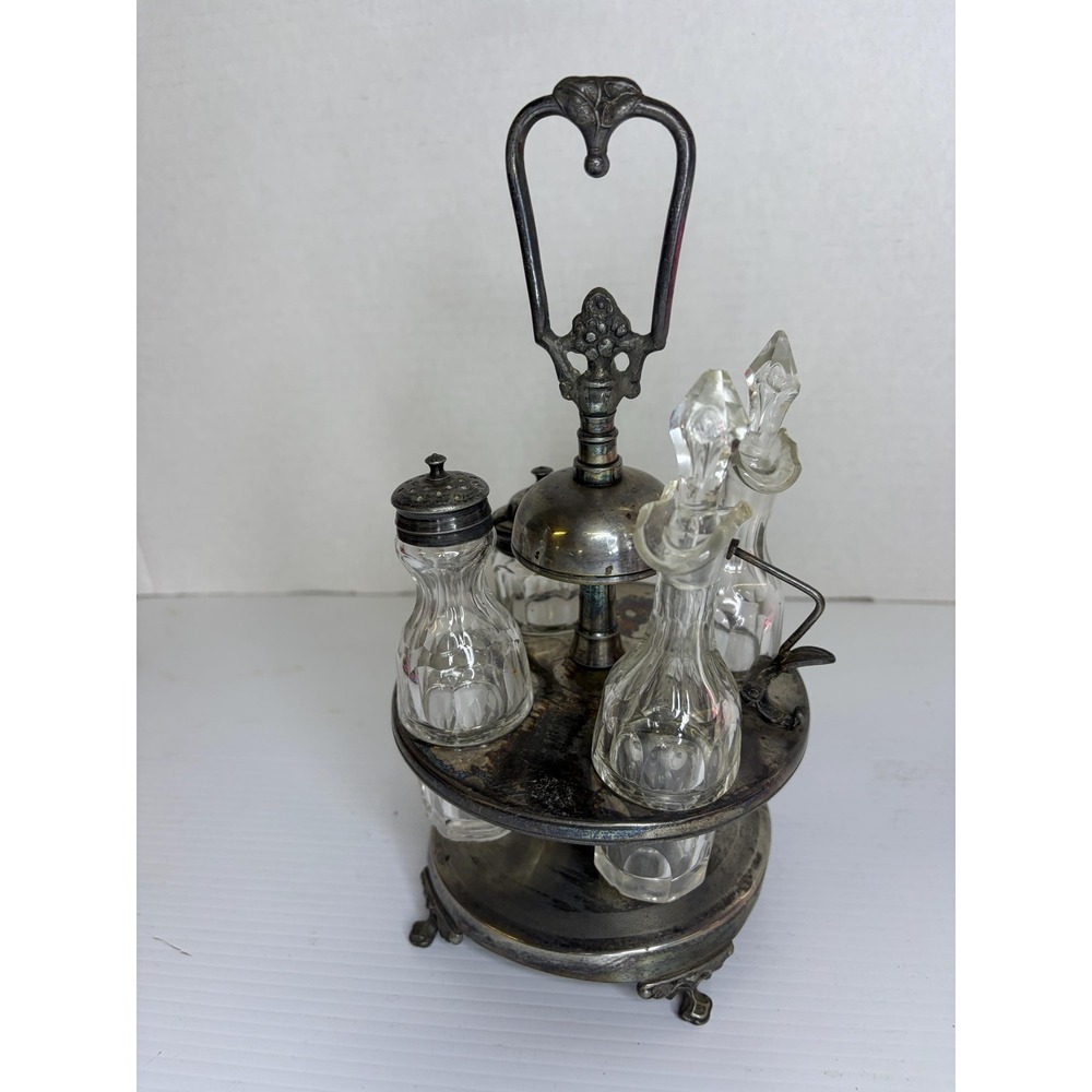 Antique 19th Century Silver-Plated Revolving 4PC Cruet Set with Bell